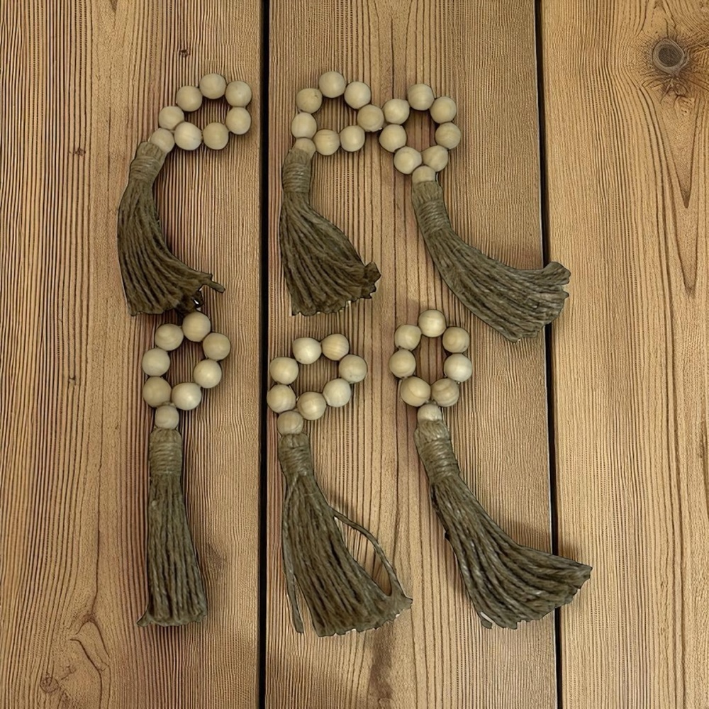 New! 6 Pcs Bohemian Wood Bead Napkin Holders, Curtain Tie-Backs, or Wall Decor
